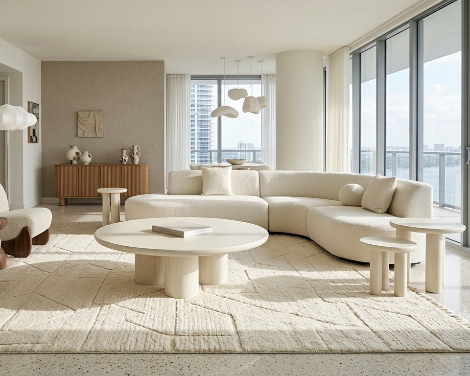 Living room with a curved cream sectional and round white coffee tables