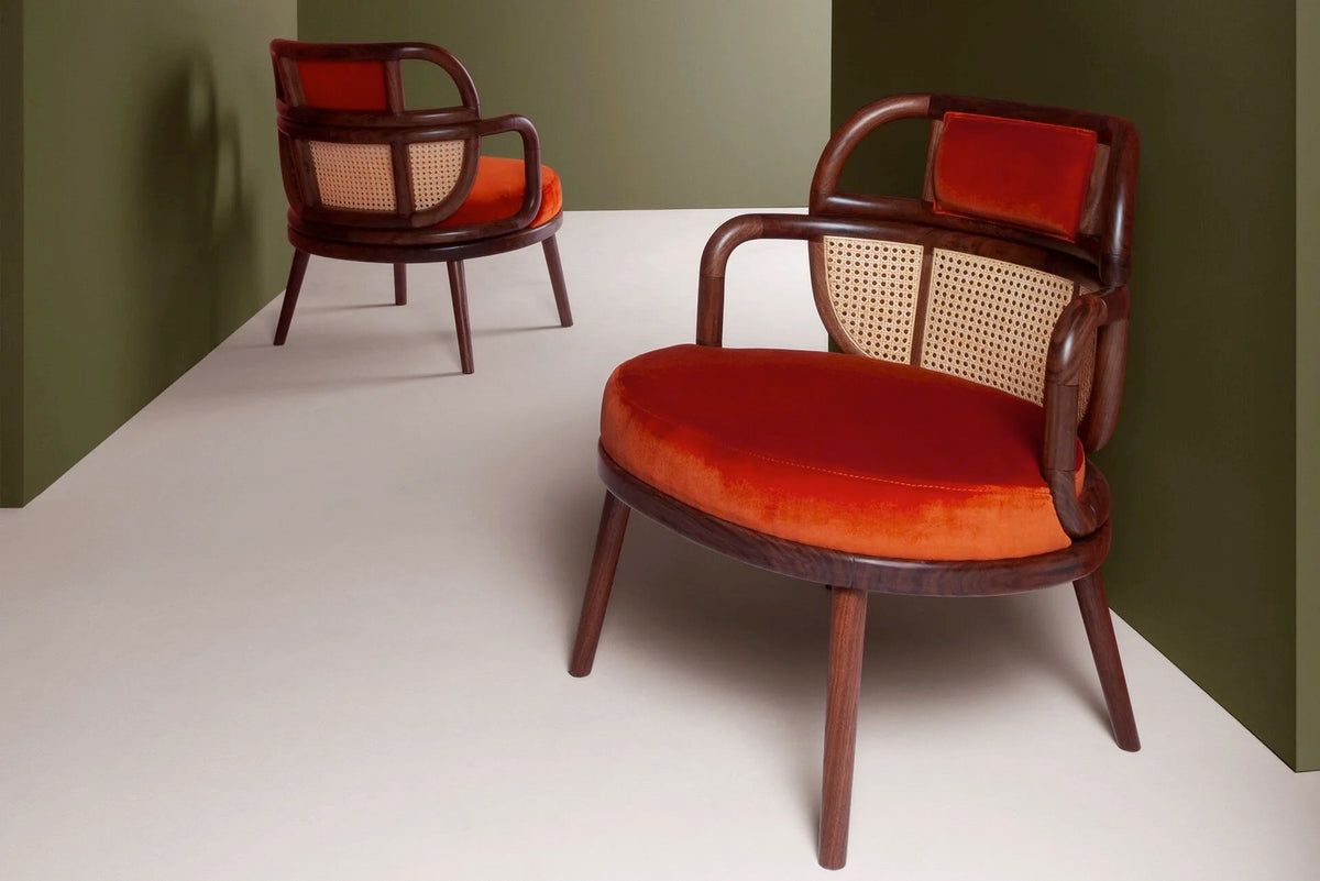 Luc armchairs in red velvet with rattan backs