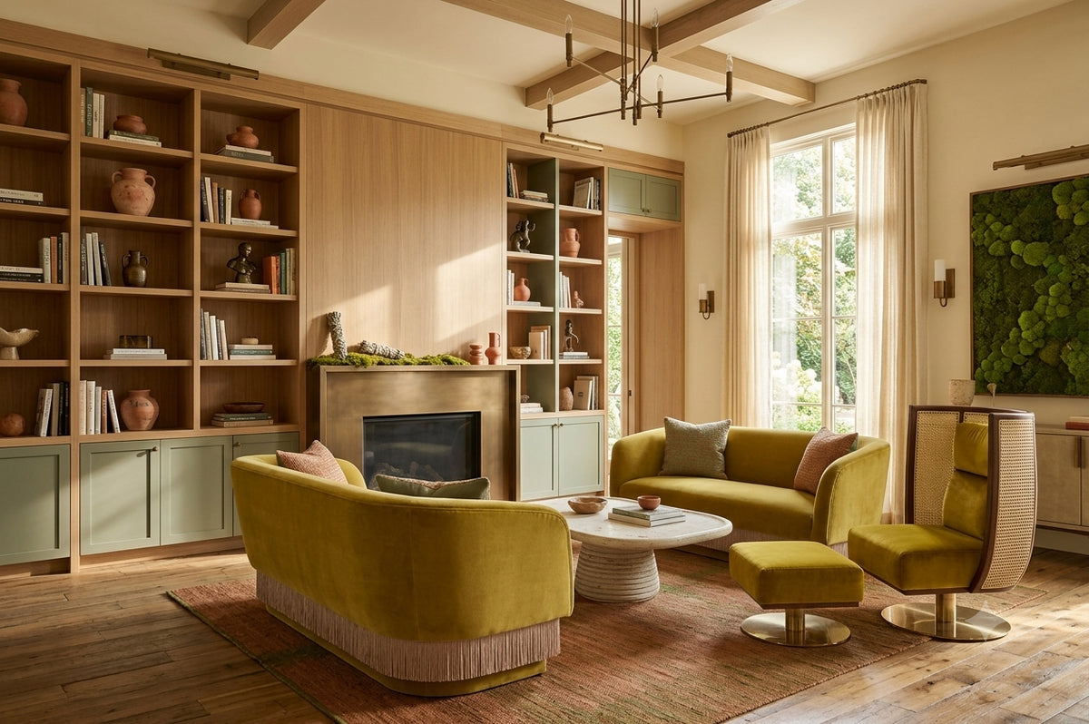Living room with olive velvet sofas, built-in bookcases and a fireplace