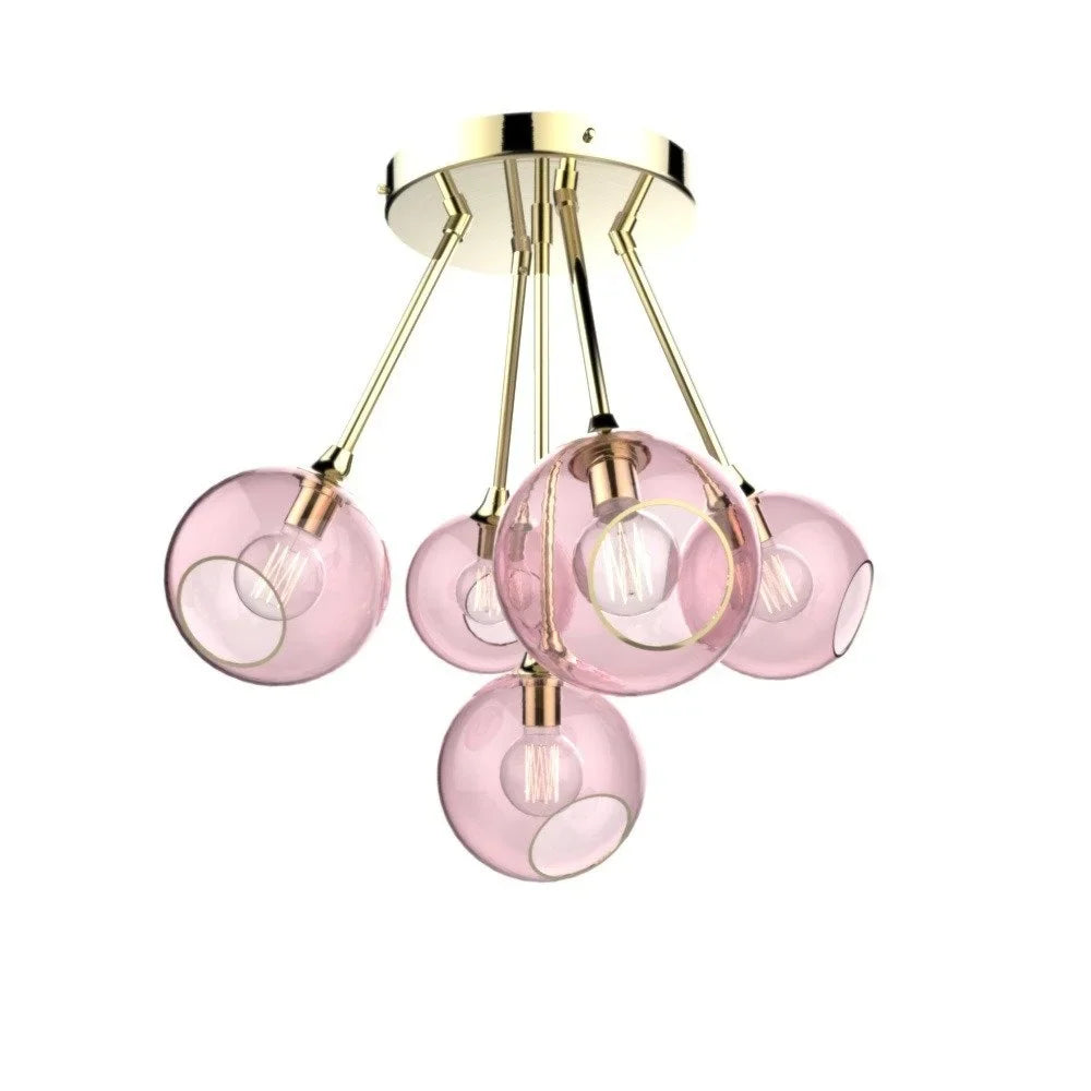 Ceiling light with five pink glass globes on brass arms