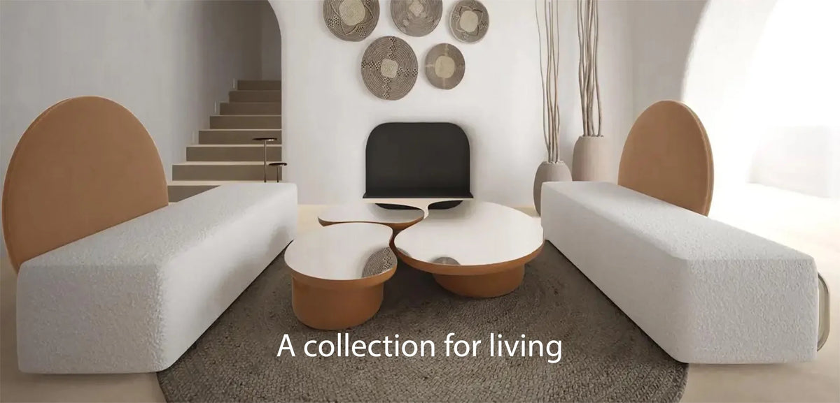 Living room with two low white benches, sculpted wood coffee tables and arched wall panels