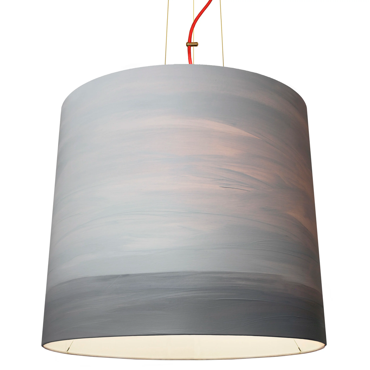 Sisters pendant light with a painted grey and blush drum shade