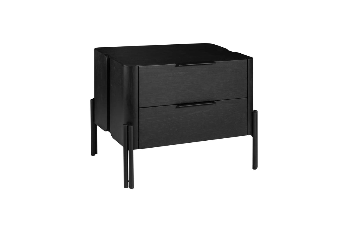 Nori Night Table in blackened white oak with black powder-coated steel legs rising over the case