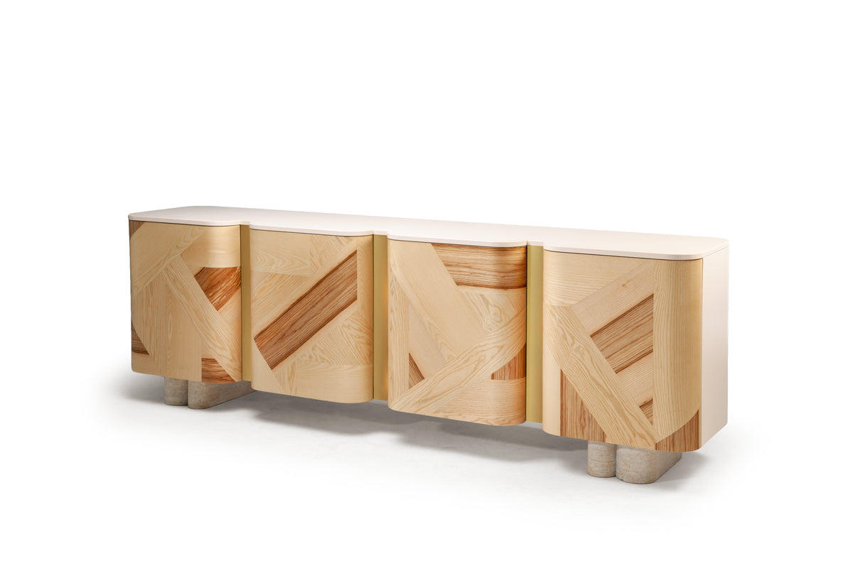Kisho Sideboard with geometric marquetry doors closed, three-quarter view