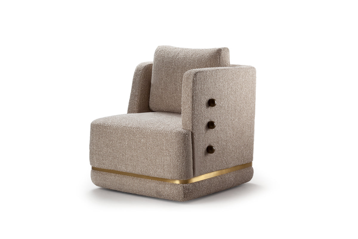 Panorama Armchair in beige textured weave with brass base band and wood buttons, three-quarter view