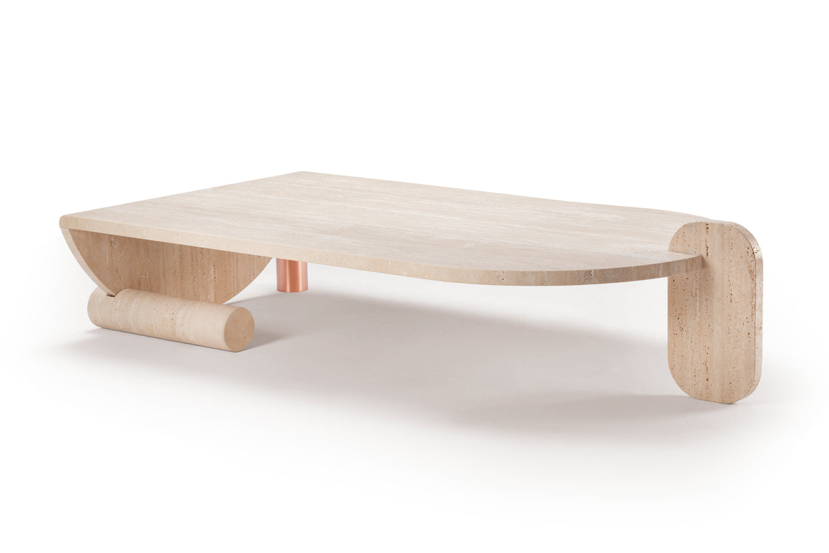 Playing Games Travertine Coffee Table with Satin Copper leg, front three-quarter view