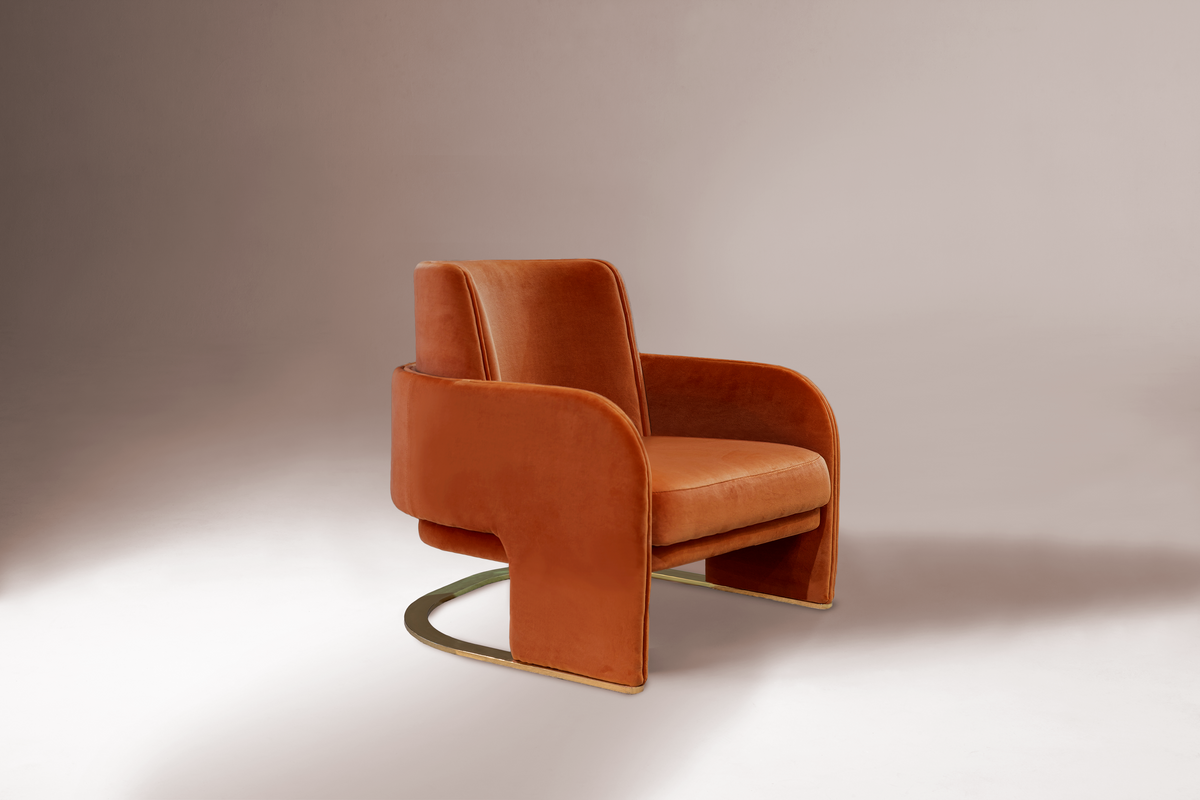 Odisseia Armchair in burnt orange velvet, studio three-quarter view