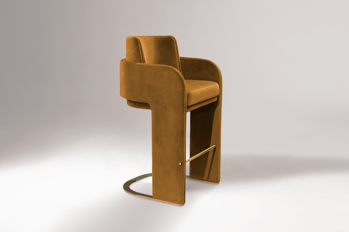 Odisseia Bar Stool in ochre velvet, studio side angle