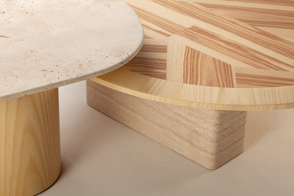 L’anamour Side Table, close-up of the Travertine top and Natural ash base