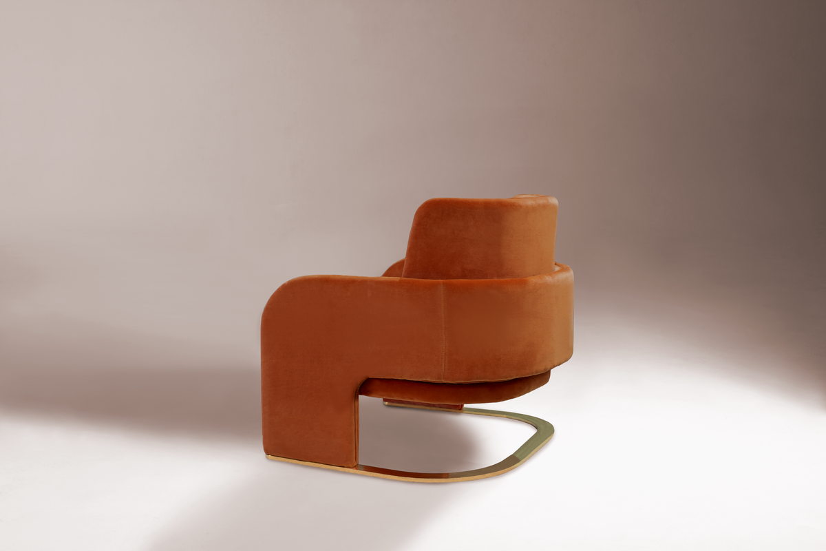 Odisseia Armchair in burnt orange velvet, rear three-quarter view