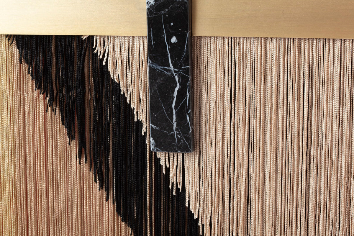 Souk Mirror Black detail of black fringe and Nero Marquina marble bar