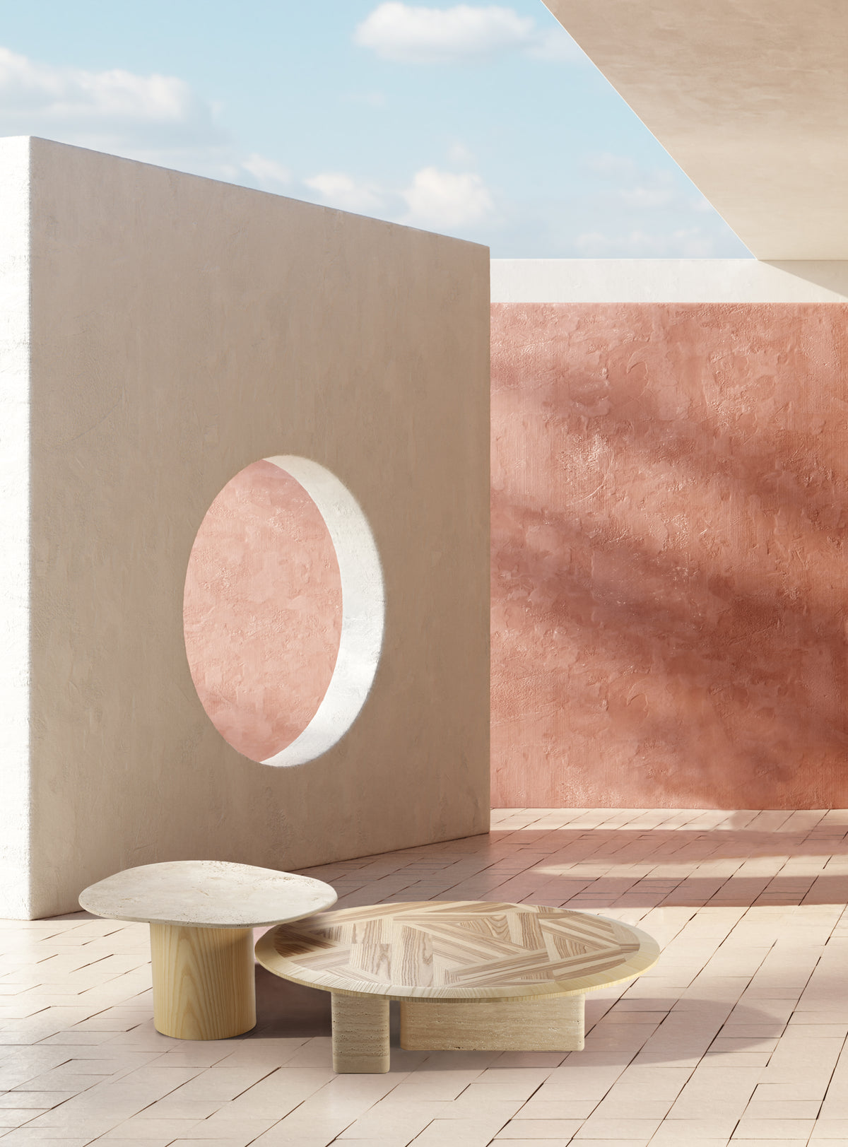 L´Anamour Coffee & Side Tables on a sunny terrace beside a pink wall