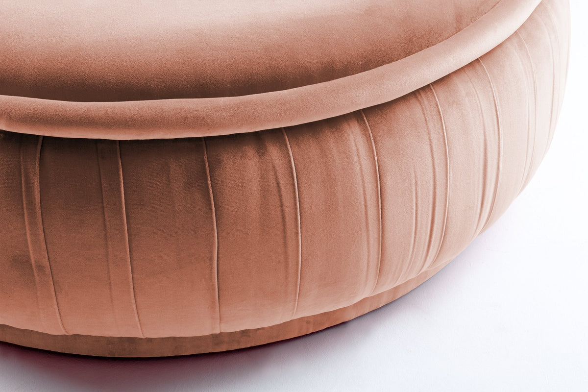 Malibu Ottoman close-up of pleated powder pink velvet side