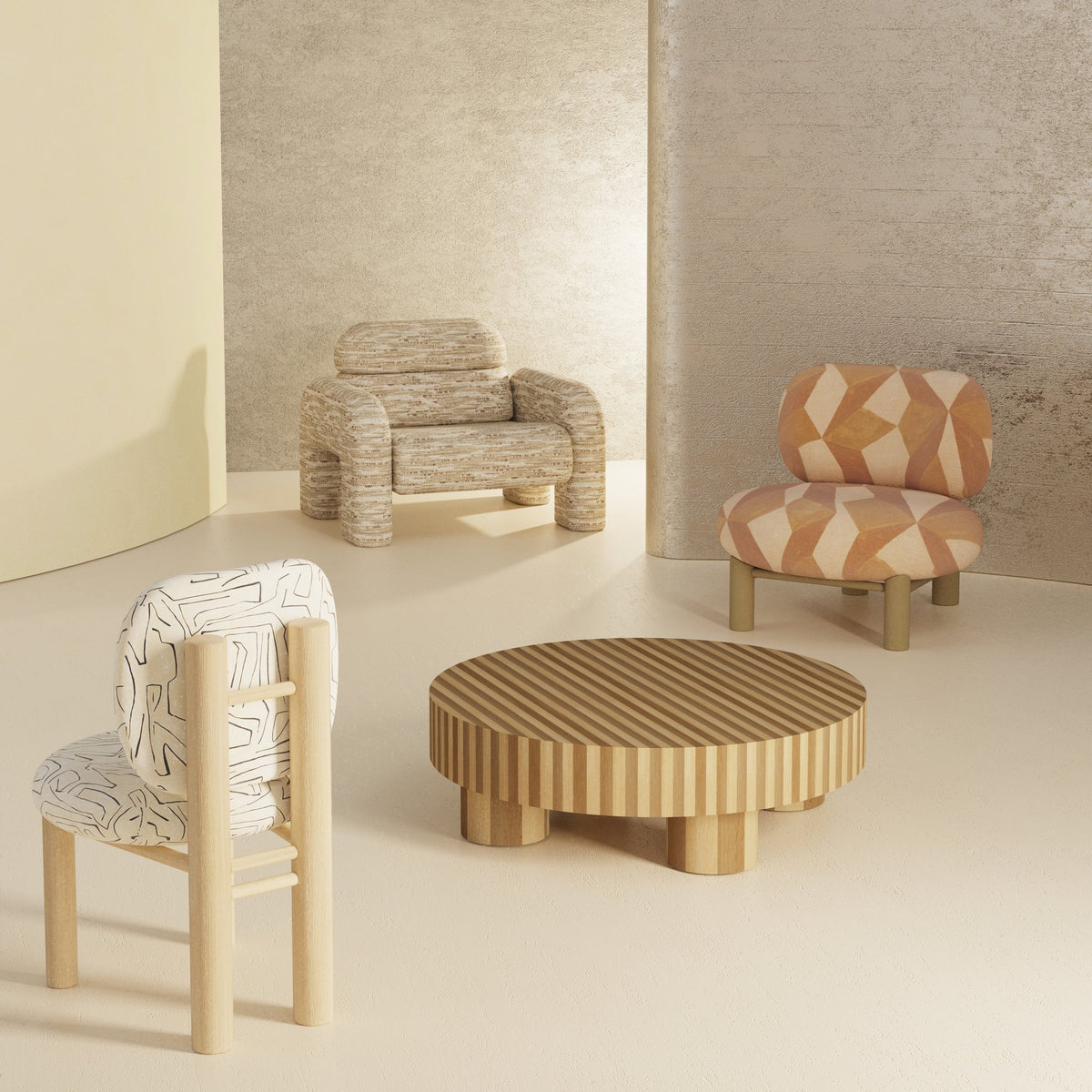 Aimi Chair in brushstroke fabric with patterned lounge chairs and a fluted round table