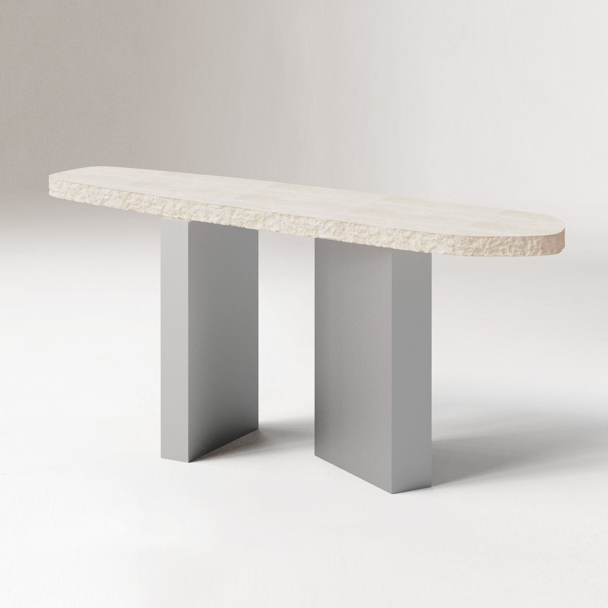 On The Rocks Console Table with Travertine top on Satin Nickel legs