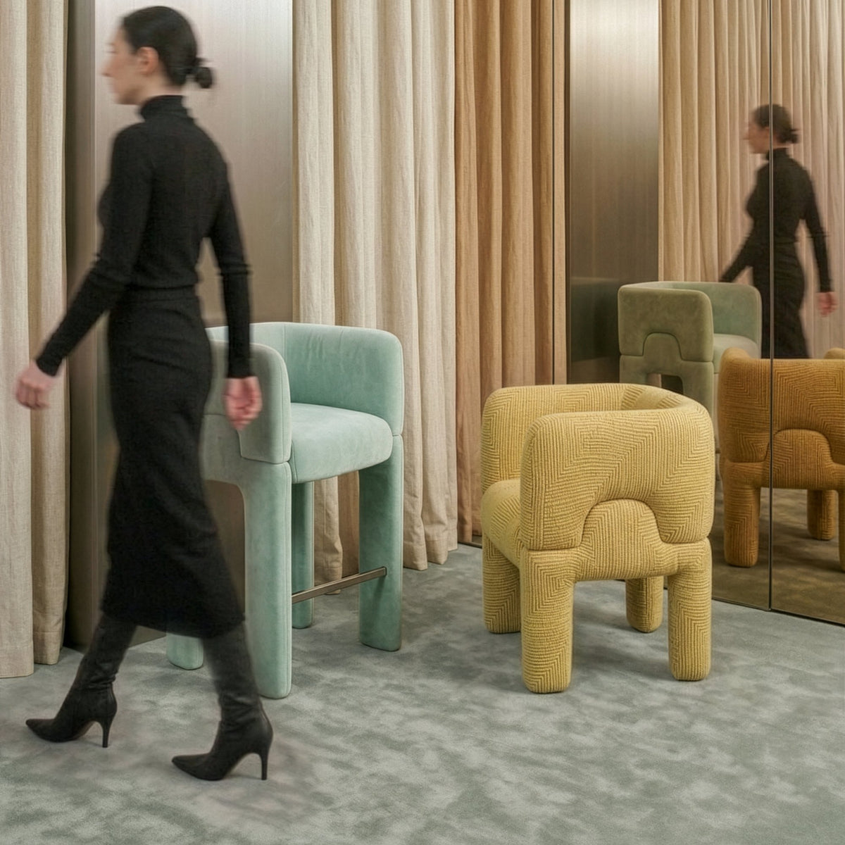 Mosaico Bar & Counter Chair in mint and mustard in a showroom