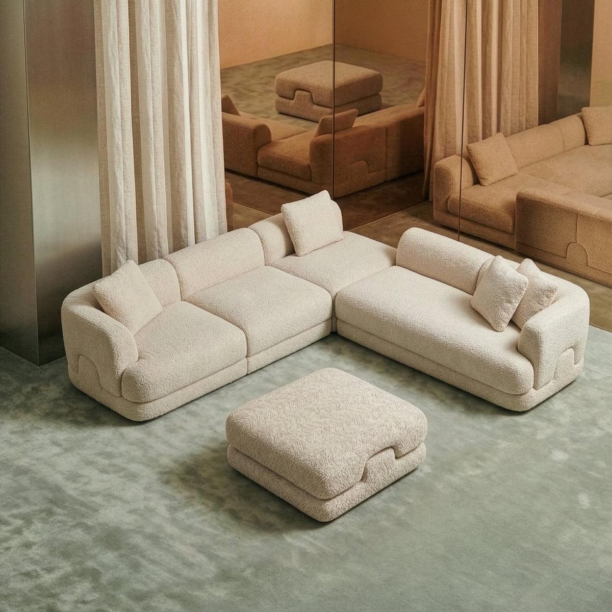 Mosaico Sectional Sofa – Composition 2 in cream with ottoman on a green rug