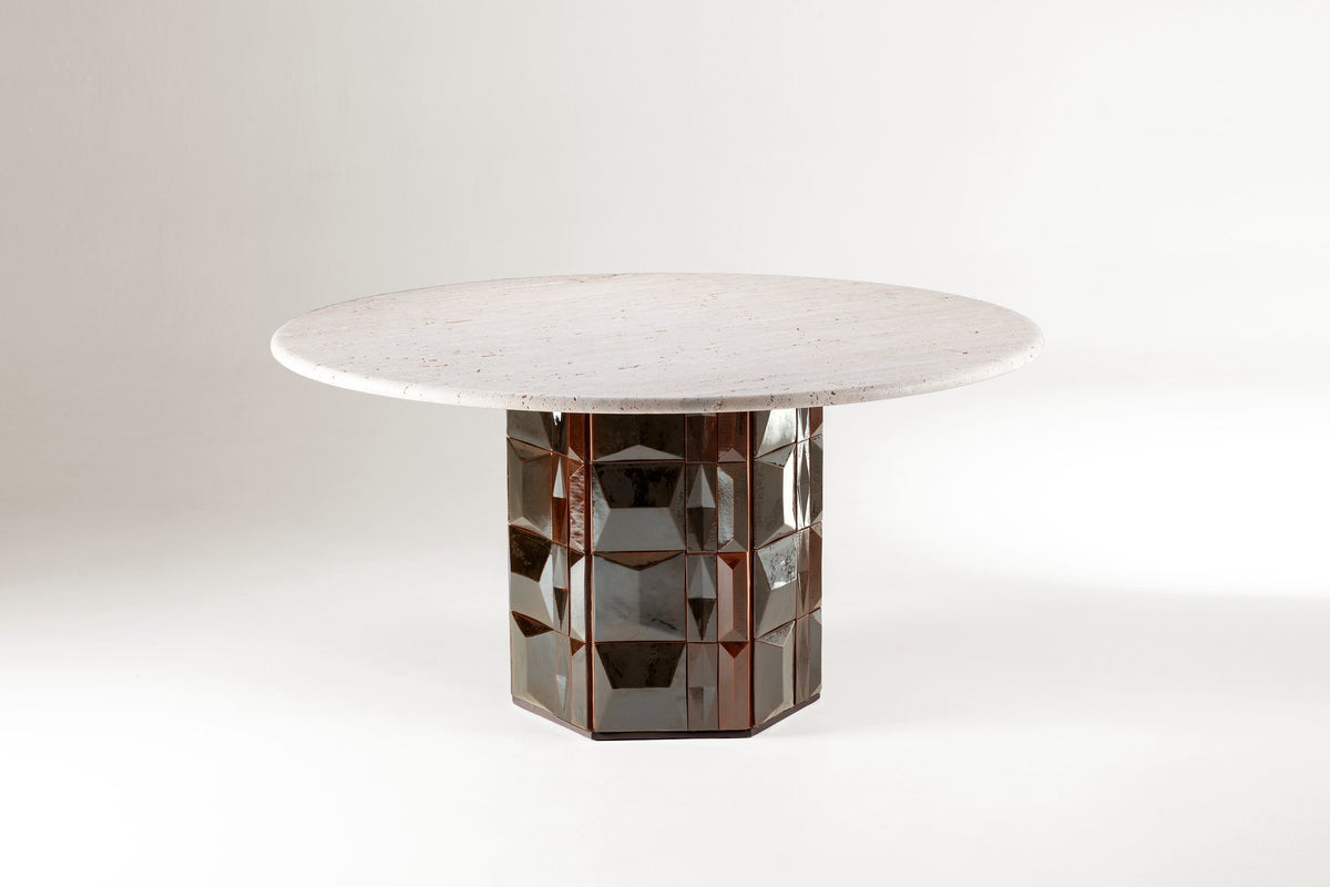 Milano Dining Table with Travertine top and dark glazed tile base, three-quarter view
