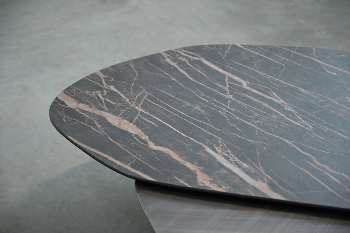 Layer Coffee Table close-up of the dark marble top edge
