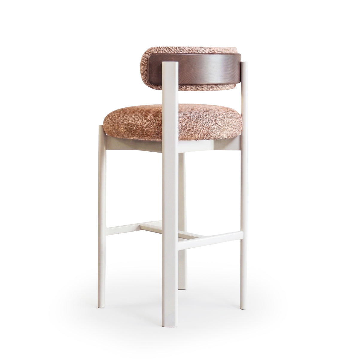 Siena bar stool in Akalu Autumn, three-quarter view showing the wood-backed upholstered back