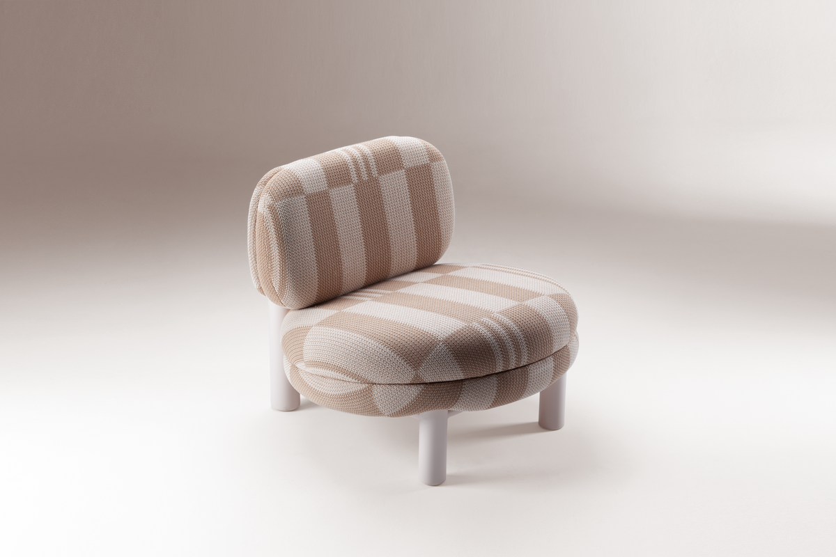 Aimi Lounge Chair in pink and taupe striped fabric with pale painted legs, three-quarter view