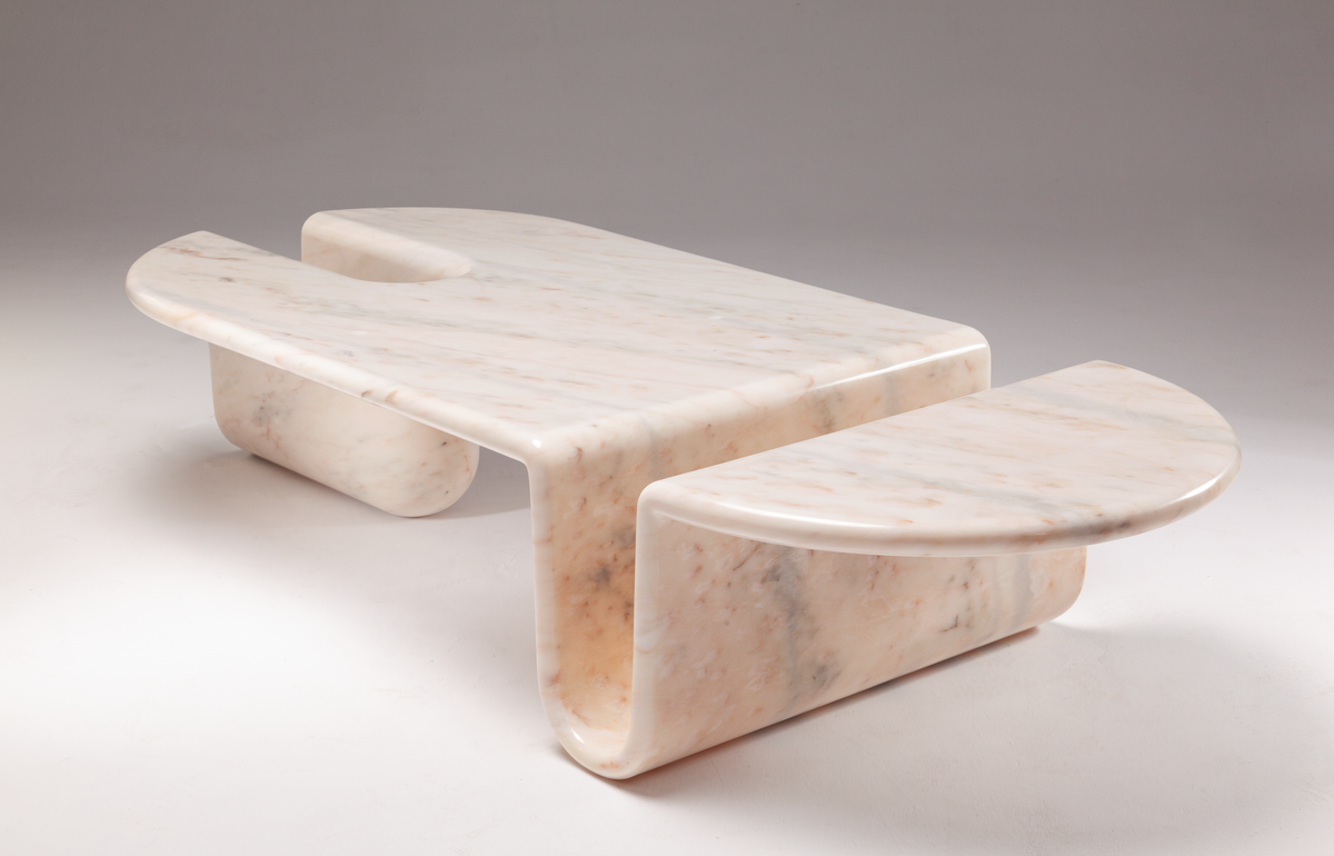 Bonnie & Clyde Coffee Table in Estremoz White marble on a grey backdrop