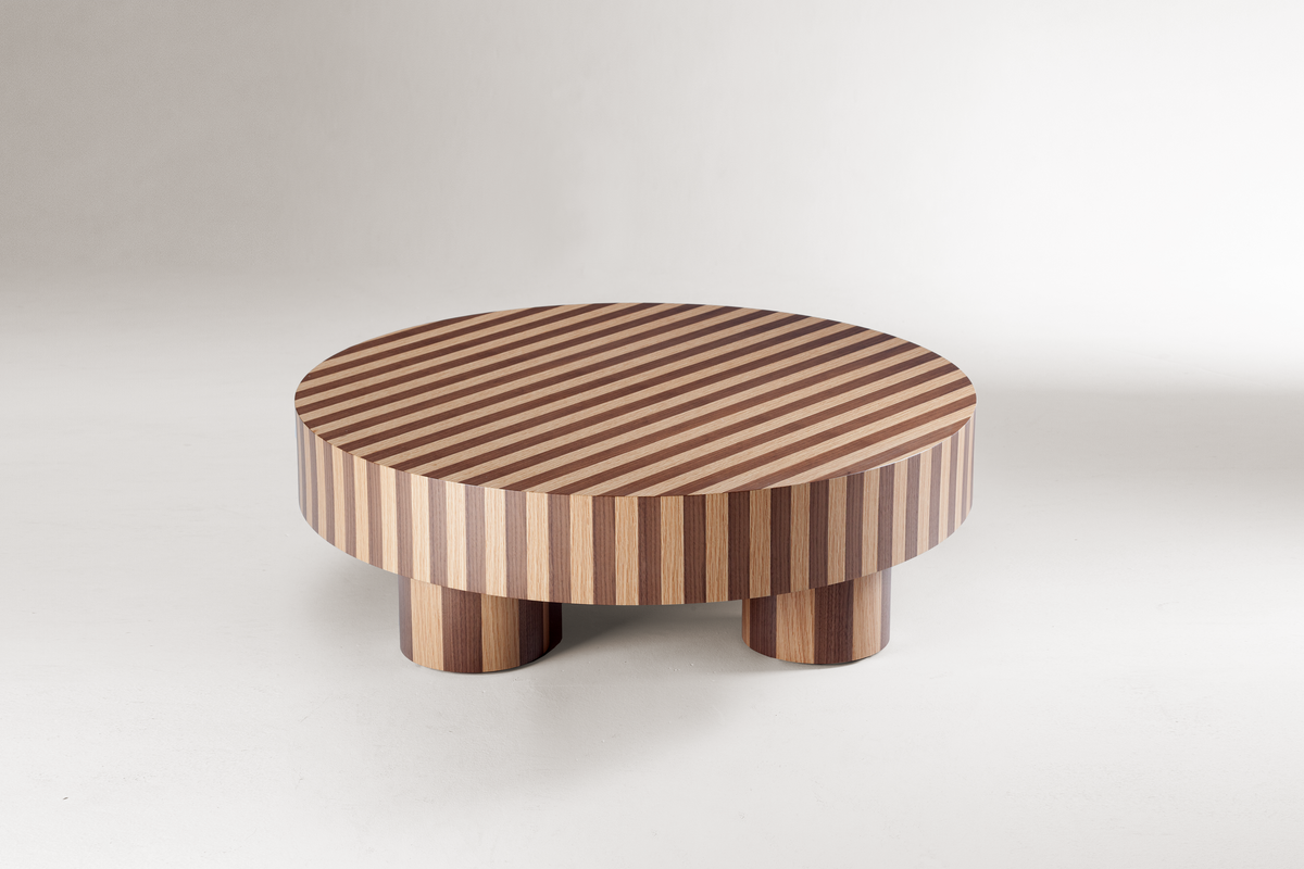 Nusa Coffee Table in striped two-tone wood, high angle view
