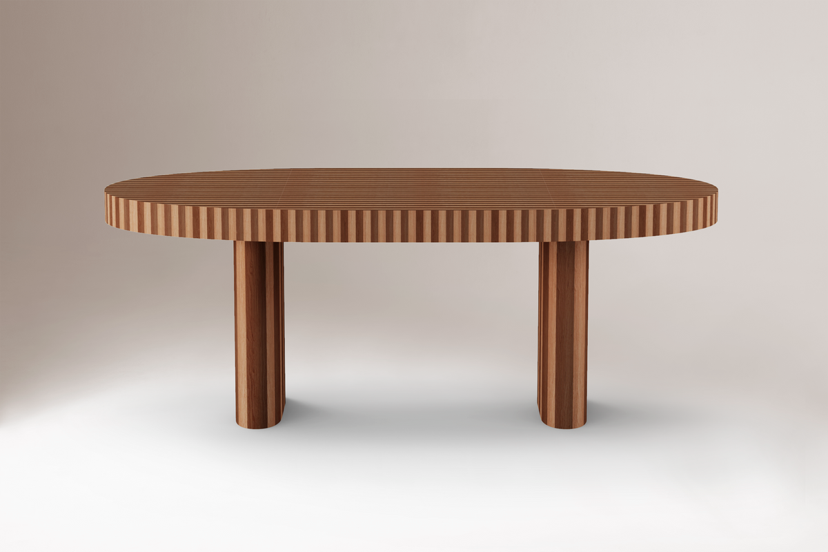 Nusa Dining Table in fluted wood, oval top, on white