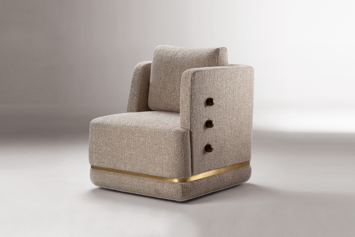 Panorama Armchair in beige weave with button-trimmed arm, angled view