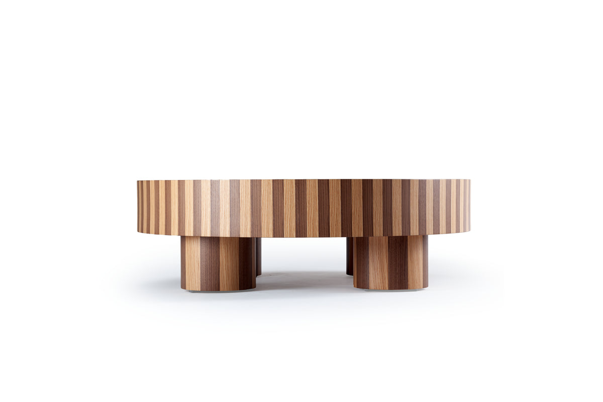 Nusa Coffee Table in striped two-tone wood, front view