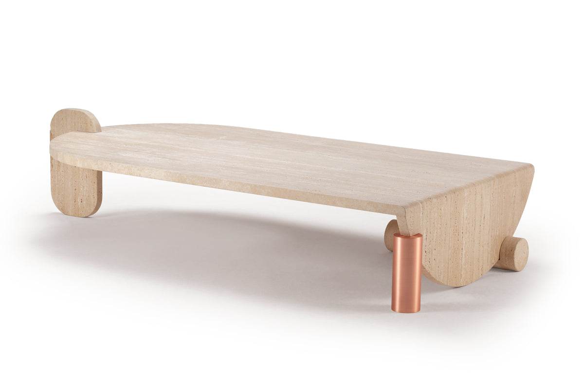 Playing Games Travertine Coffee Table angled view with copper and travertine roll legs