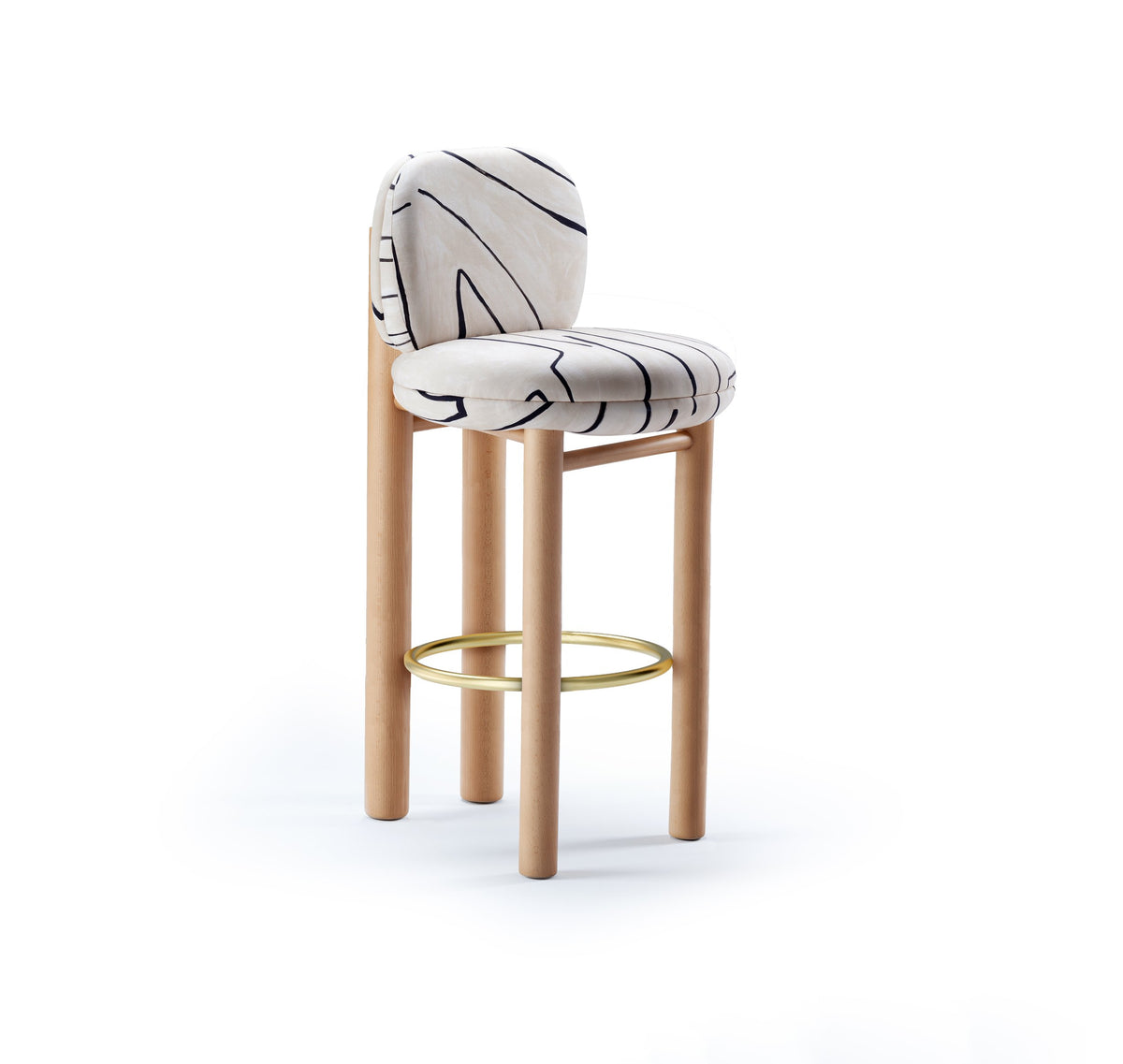 Aimi Counter Stool in black-and-white brushstroke fabric with brass footrest