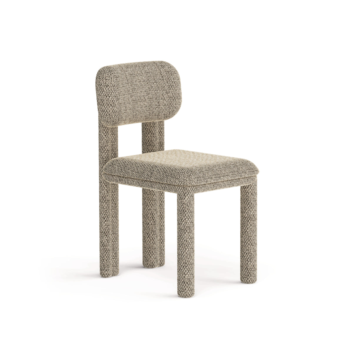 Camelia Dining Chair in speckled grey bouclé, three-quarter view on white