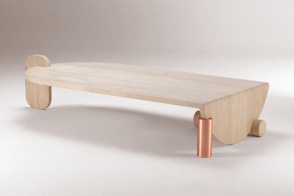 Playing Games Travertine Coffee Table from the opposite end showing copper cylinder leg