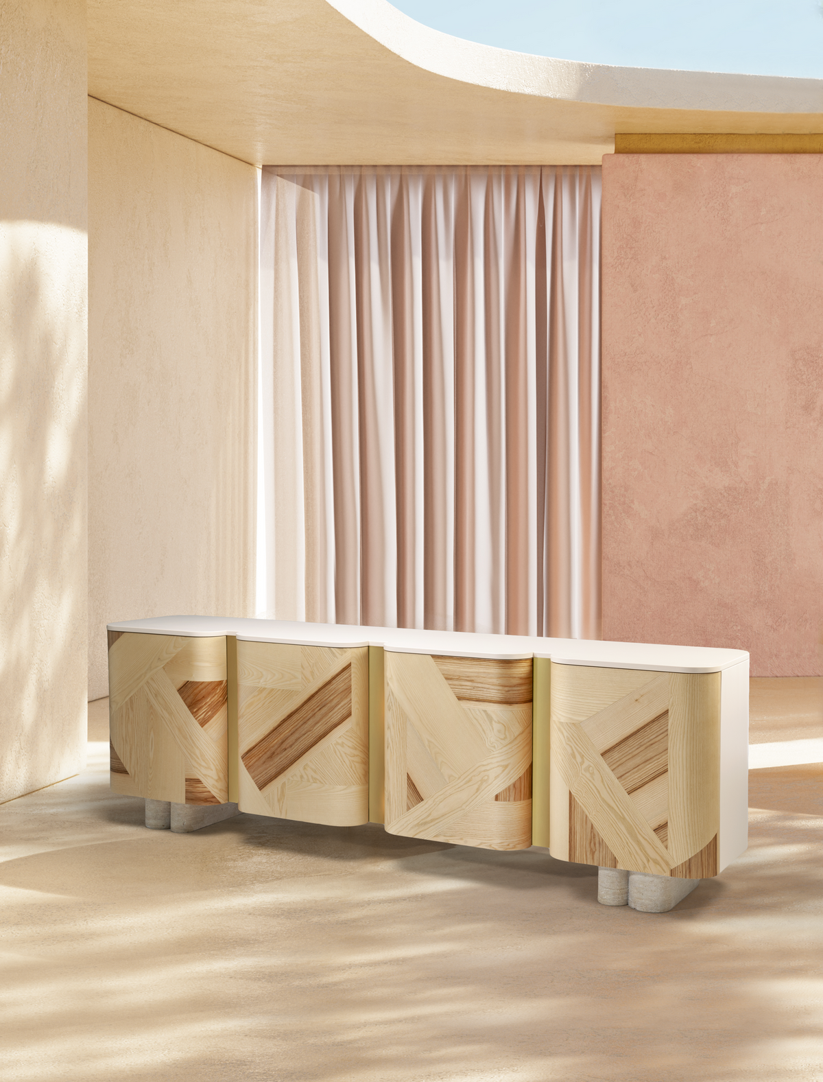 Kisho Sideboard in a sunlit room with pink walls and sheer curtains