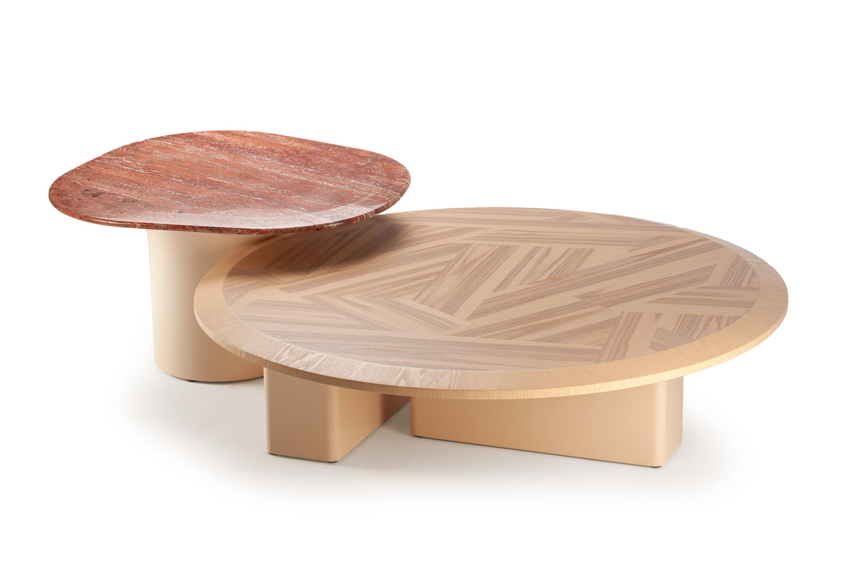 L’anamour set with red travertine side table top and nude lacquered bases