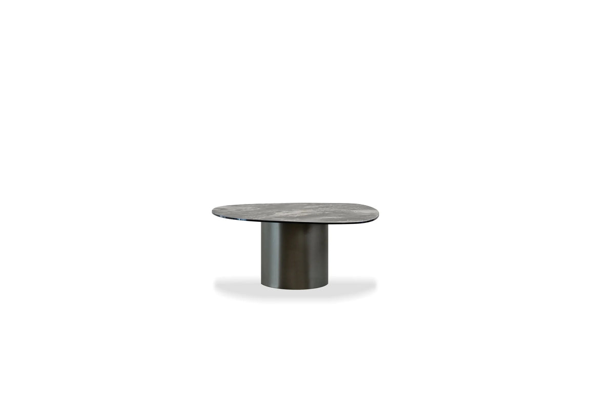 Argon Coffee Table with dark marble-look oval top on a cylinder base, side view