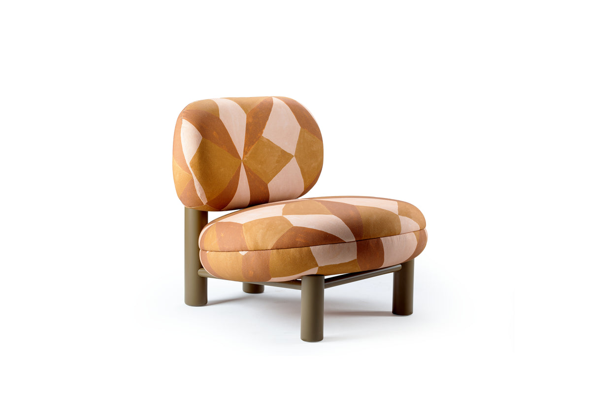 Aimi Lounge Chair in orange geometric patterned fabric with olive legs, three-quarter view
