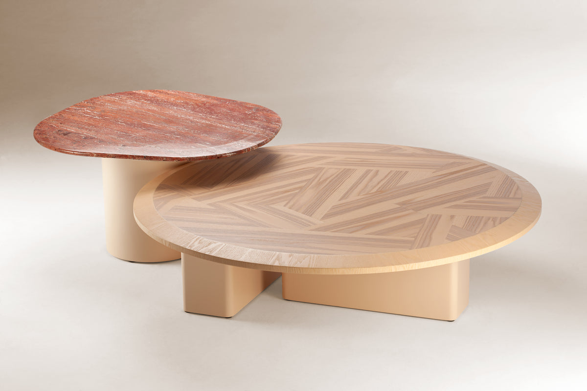L´Anamour Coffee & Side Tables with Red Travertine side table and nude lacquer bases