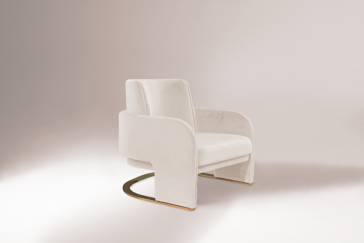 Odisseia Armchair in ivory velvet, studio three-quarter view