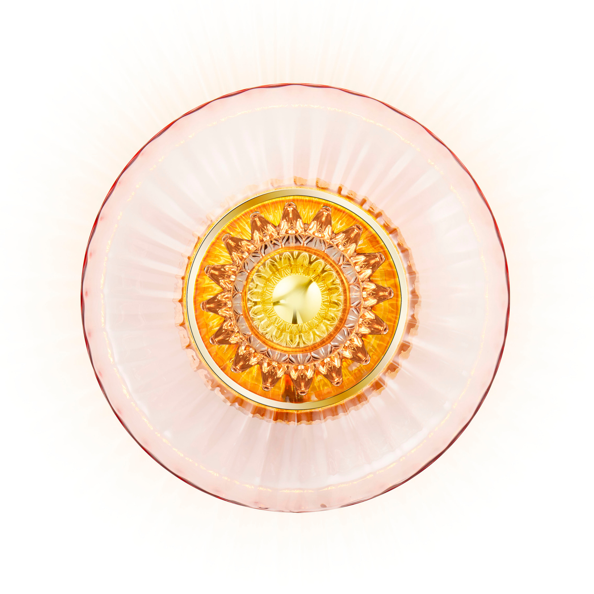 New Wave Optic Wall Sconce XL in Rose glass, front view lit with gold eyeball centre