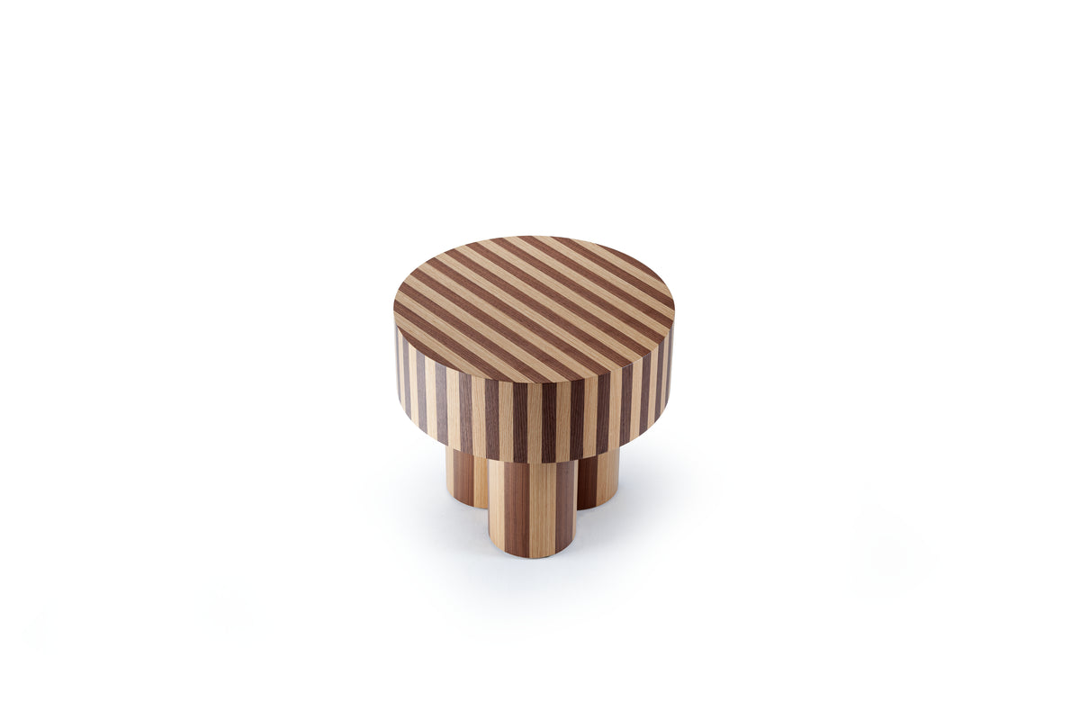 Nusa Side Table in striped two-tone wood, front view on white
