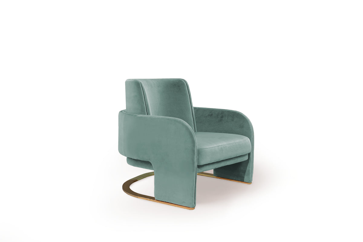 Odisseia Armchair in mint velvet with brass base on white