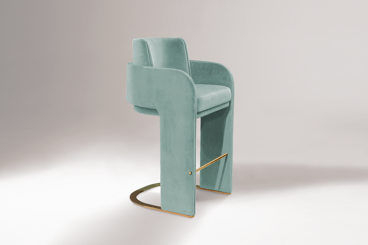 Odisseia Bar Stool in mint velvet, three-quarter view in studio