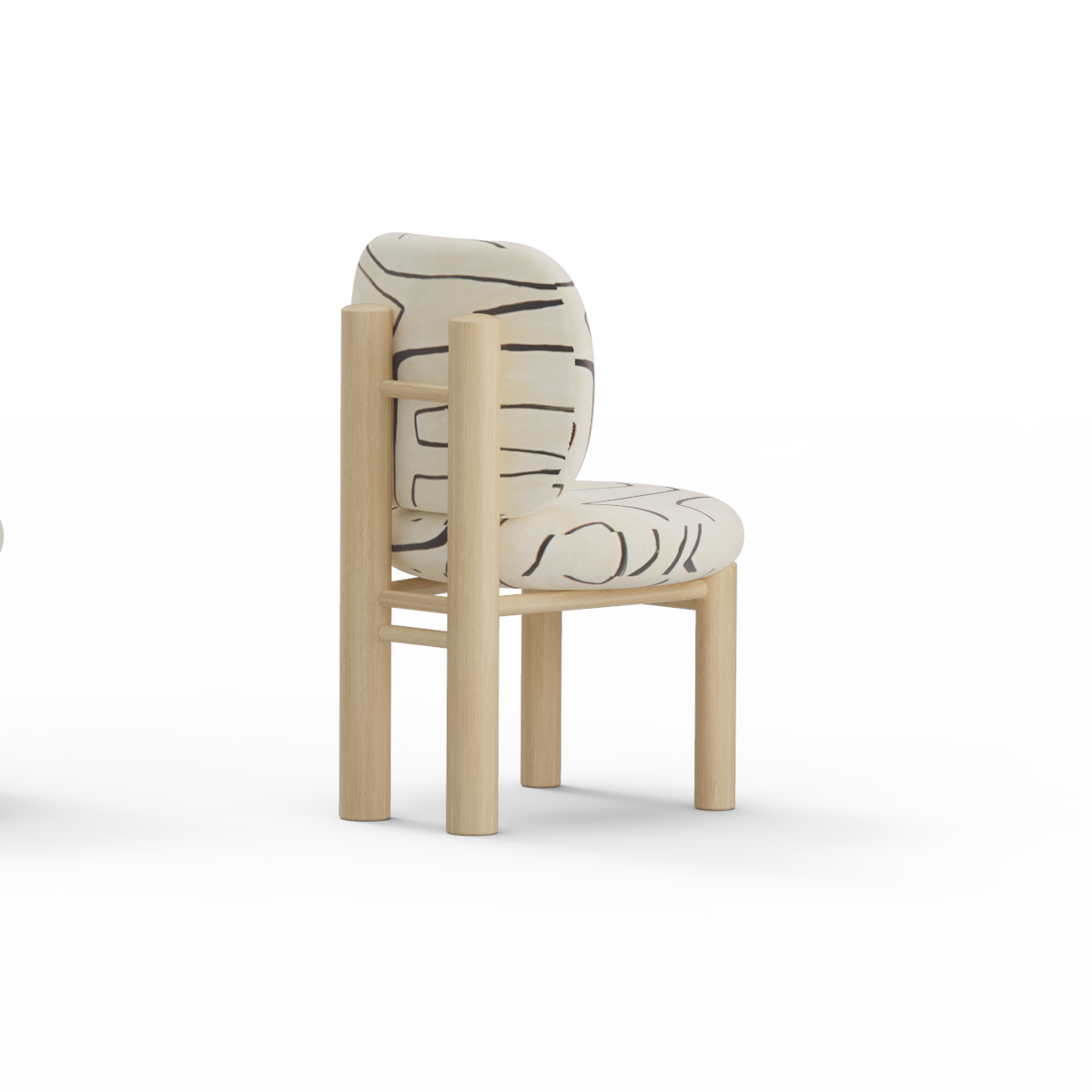 Aimi Chair in brushstroke fabric with oak frame, rear three-quarter render
