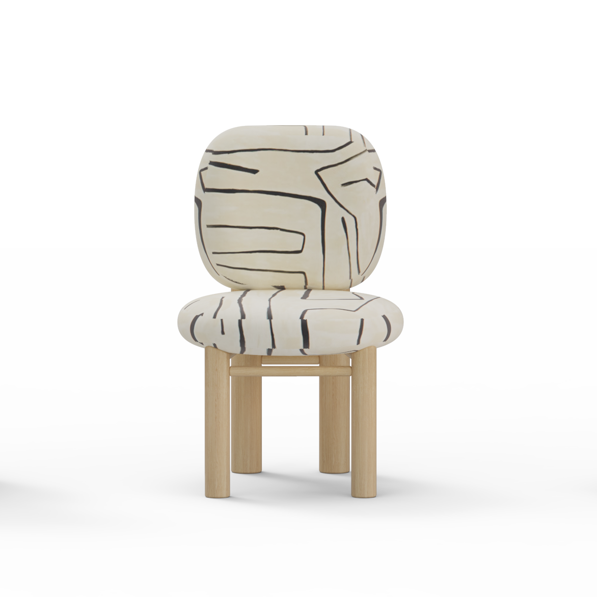 Aimi Chair in black-and-white brushstroke fabric with oak frame, front render