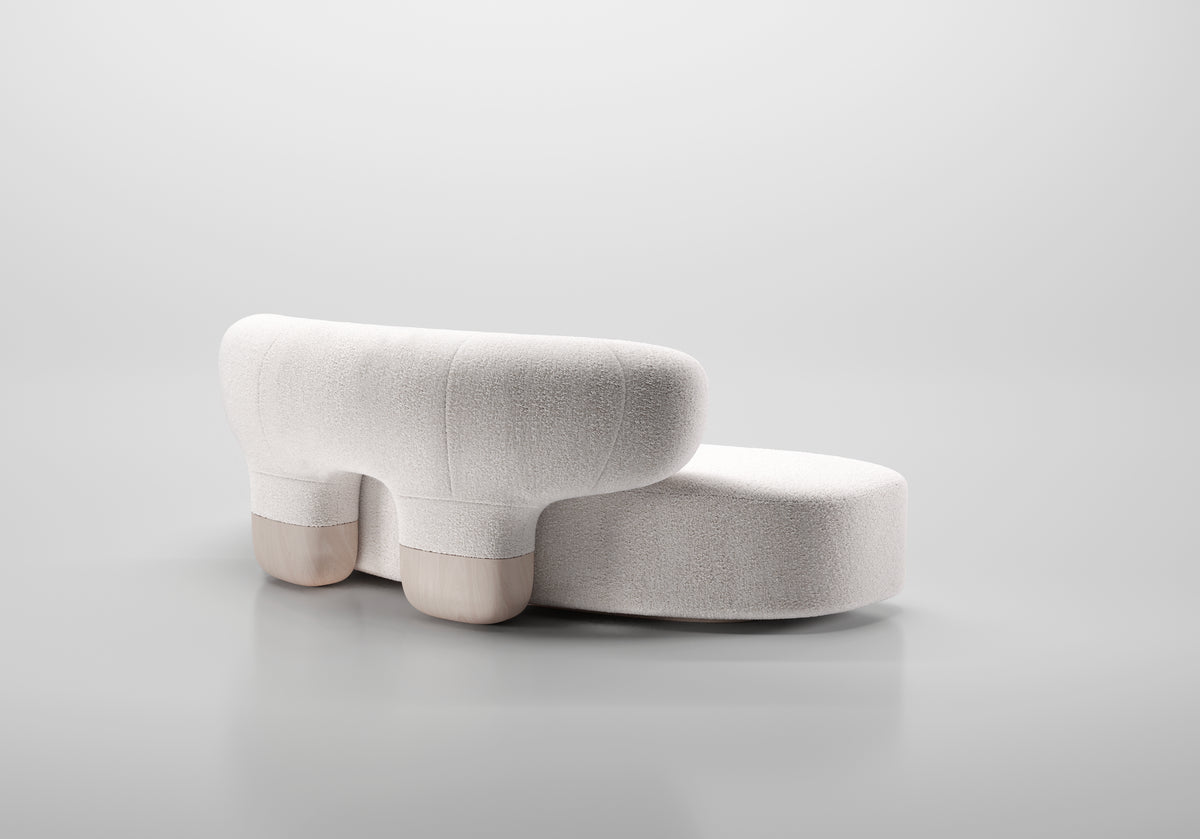 Asawa Sofa in off-white fabric with wooden feet, three-quarter back view