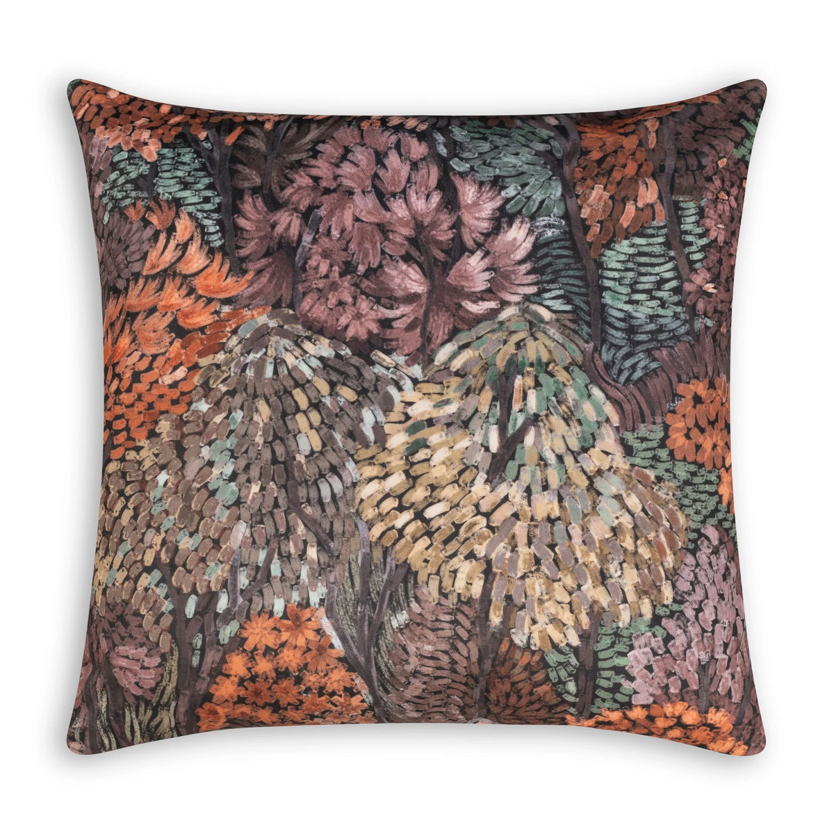 Calabria Twilight Velvet Pillow with rust and plum foliage print, front view