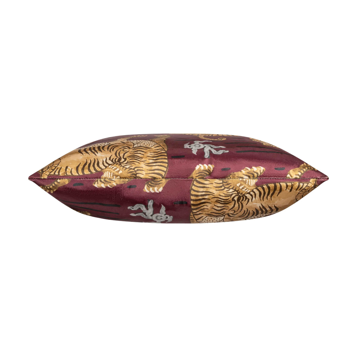 Castle Hill Bali Red Tiger Pillow in burgundy with gold tigers, side view