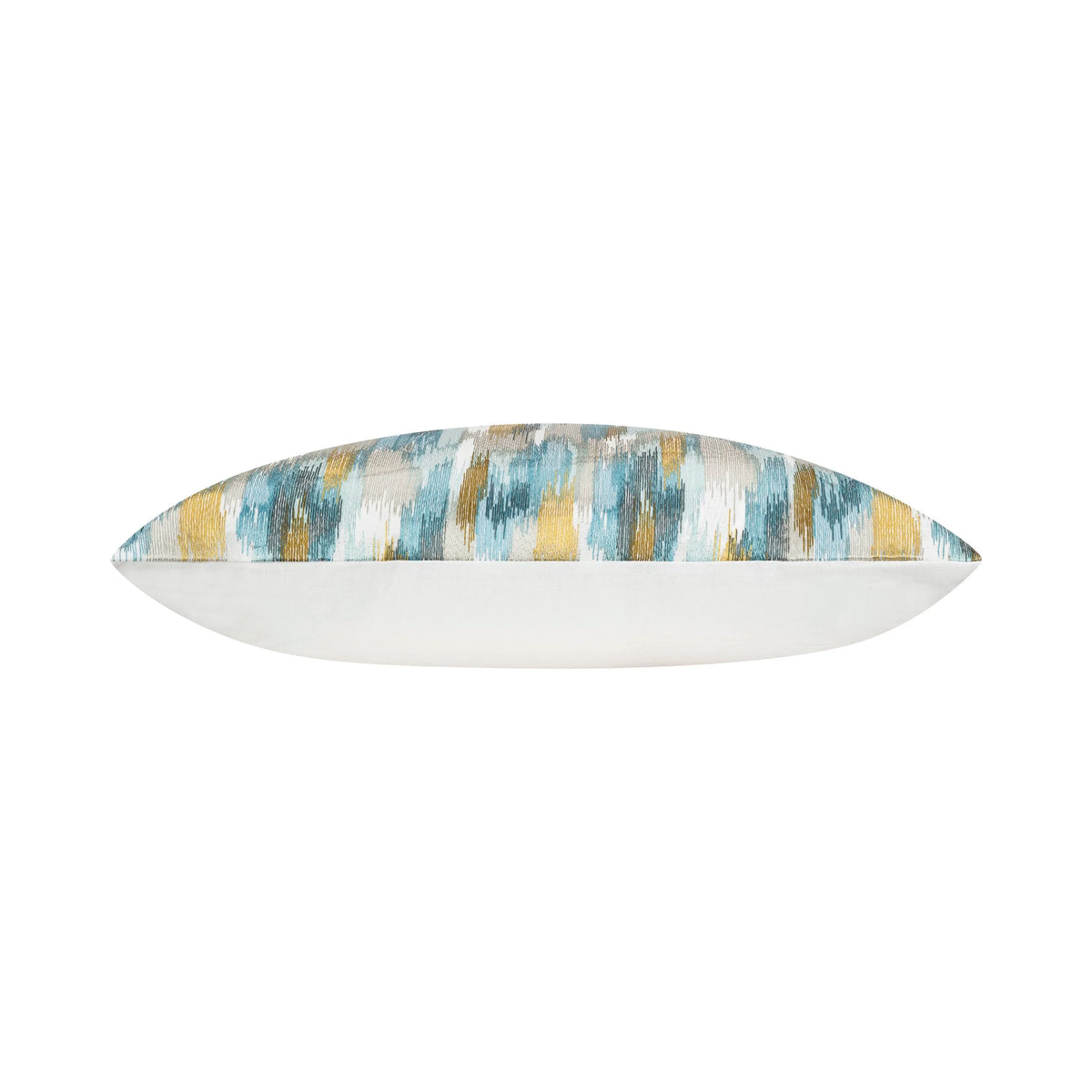 Cazimo Pillow in White & Blue, side profile showing blue and gold ikat top